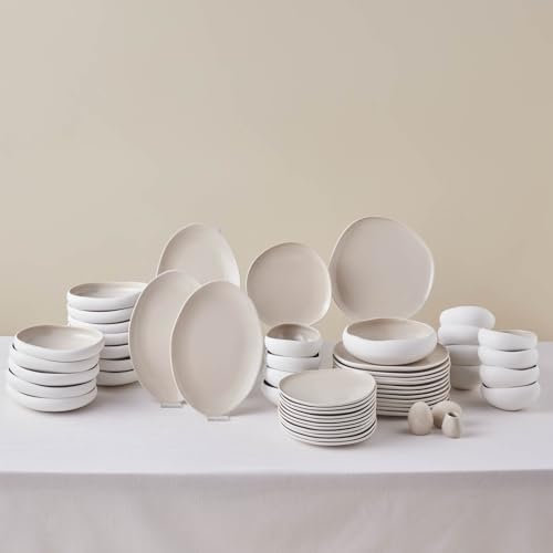 Karaca Earth Collection New Cupid 55-teiliges Steinzeug-Geschirrset für 12 Personen, Cremefarbene Teller- und Schüssel-Set, spülmaschinen- und gefrierschrankfest, Komplettes Geschirrset