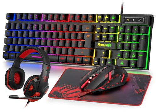 Rewurnth Gaming Tastatur und Maus Set mit Headset, QWERTZ DE Layout, RGB Beleuchtete Tastatur, 4 Farben LED Gaming Maus, Over-Ear Kopfhörer, Große Mausmatte, USB Kabelgebundene für PC Mac PS5 Xbox