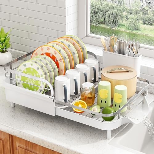 SAYZH Expandable Dish Drying Rack for Small Kitchen Counter, White | Stainless Steel, Protective Guardrail, Angled Drainboard, Fits High-Rim Sinks, Removable Utensil Holder