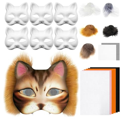 Skeadex Therian Mask DIY Set, 6 Stück Therian Masken Kit mit Blanko Katzenmaske, Kunstpelz, Augennetz und Filztuch, Furry Tiermasken Katzenmasken für Halloween Karneval Maskerade Rollenspiele