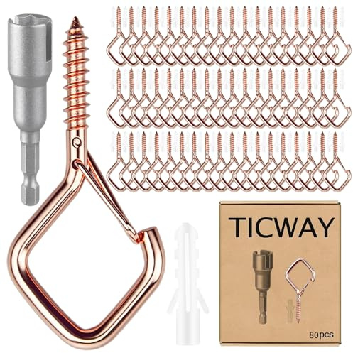 Ticway 80 Stück Schraubhaken, Haken Zum Schrauben mit Sicherung, Wandhaken, Deckenhaken, Schraubhaken Roségold für Pflanzen, Blumentöpf