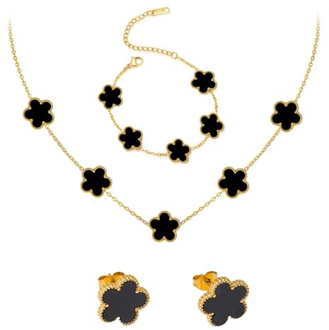 18k Vierblättriges Kleeblatt Schmuckset ,Damen Vergoldet Vierblättriges | MäDchen Kleeblatt Armband Halskette Ohrringe Armband ,Schmuck Set für Muttertags,Valentinstag