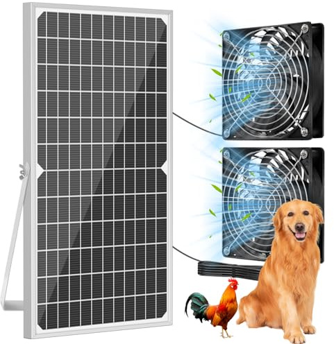 NHZOTUD Kit di ventilatore ad energia solare da 17,72 pollici IPX7 a prova di intemperie, pannello solare da 22 W con 2 ventilatori impermeabili, ventilatore ad aspirazione o scarico per esterni