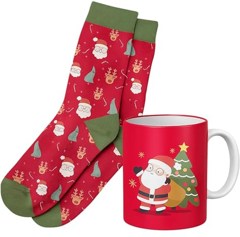 TIENDA EURASIA – Juego de Taza y Calcetín | Medidas 8.3x8.3x10 cm Capacidad 300 ml | Material Taza Cerámica y Calcetín Algodón y Poliéster | Multicolor | Calcetines Talla 38-42 (Papá Noel)