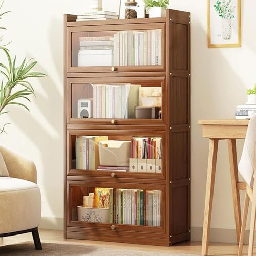 Bücherregal aus Holz mit Acrylglastüren, 3/4/5 Etagen, Bambus-Vitrine, Klappdeckel, Aufbewahrungsregale für Schlafzimmer, Spielzimmer, Pokal, 4 Ebenen, 60 cm