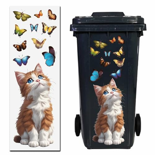GORGECRAFT Decorative Trash Can Stickers 25 x 72cm Cartoon Cat Butterfly Dustbin Decals PVC Self Adhesive Large Wraps for Wheelie Garbage Bin Fridge Wall Driveway Garden Outdoor Indoor Patio Decor