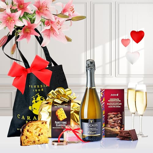 Caravella Fine Food Italian Panettone Prosecco DOC & Madagascar Extra Dark Chocolate Gift Set with Scented Candle – Luxury Food Hamper for Christmas Birthday Anniversary St Valentine Corporate Gifting