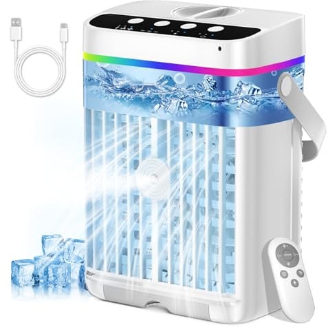 Mobile Klimaanlage 1250 ML, 4 In1 Mini Klimaanlage für Zimmer, Tragbare Mobile Klimagerät mit 1-3 H Timer, 7 Farben, 3 Geschwindigkeiten & 3 Nebelmodi, Leise Mini Luftkühler für Zuhause Büro Reisen