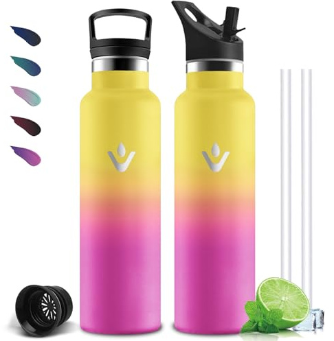 Gourde 1l, Gourde Isotherme, Sans BPA, Gourdes Paille, Anti Fuite, Gourdes Inox, Acier Inoxydable 18/8, Double Isolation, Bouteille Isotherme pour Randonnée, Aptitude, Camping