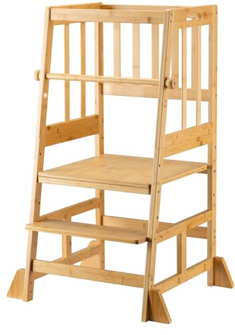 Wiltec Kinderstuhl Lernturm 57 x 46 x 90 cm aus Bambus, Lernstuhl für Kinder mit Geländer, Stehturm mit Schutzstab