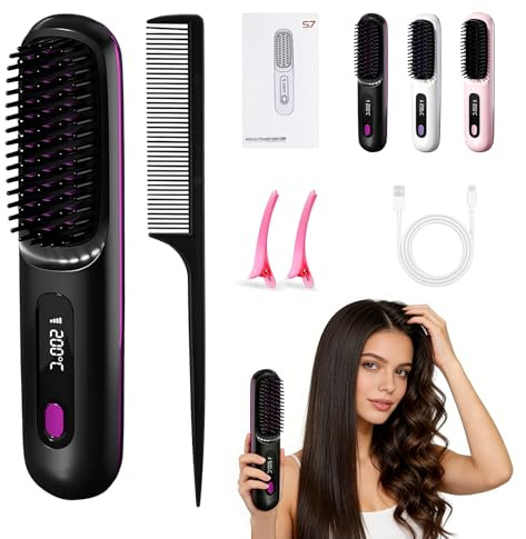 Cefryna Stylingbürste, Stylingbürste für Kurze Haare, Glättbürste Kabellos mit LED-Anzeige, Haarbürste Elektrisch, 3 Temperaturstufen, für Glattes, Lockiges und Trockenes Haar, Tragbar (Schwarz)