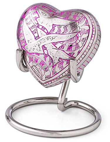 Kleine Urne für Asche mit verbessertem Deckel, Mini-Herz-Gedenkurne mit Box und Ständer (rosa Fliegende Vögel)