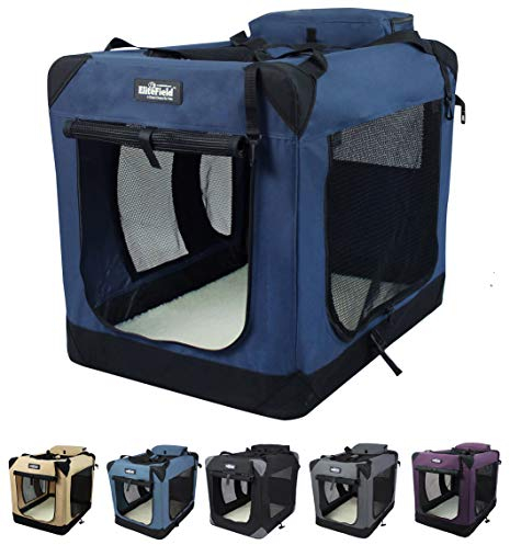 EliteField Hundebox mit 3 Türen, faltbar, weich, mit Tragetasche und Fleece-Bett, für Innen- und Außenbereich, 91 x 61 x 71 cm (L x B x H), Marineblau