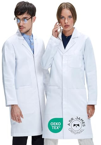 Dr. James Camice da Laboratorio Premium Unisex Uomo e Donna, Vestibilità Classica, Chiusura con Bottoni a Pressione a Scomparsa, Tasche per Smartphone, Certificato OEKO-TEX
