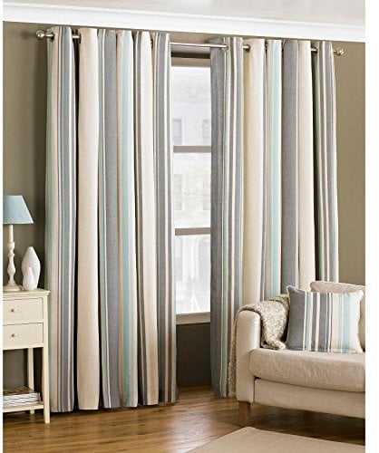 Broadway Stripe Fully Lined Eyelet Ring Top Woven Curtains, Polyester-Cotton, Duck Egg Blue, 90 x 90-Inch