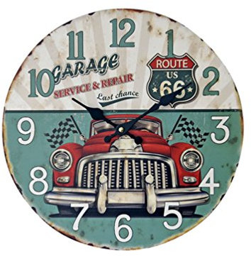 YOUJIA Vintage Pendules murales Rétro Classique Rond Horloge en Bois pour Chambre, Cuisine, Bureau, Maison décoration (Voiture Classique, 35cm)