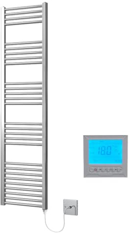 Greened House Chrome Electric Heated Towel Rail 400mm W x 1600mm H + Timer | Includes 7 Day Timer/Thermostat, Flat, Bathroom, Straight, Towel Warmer