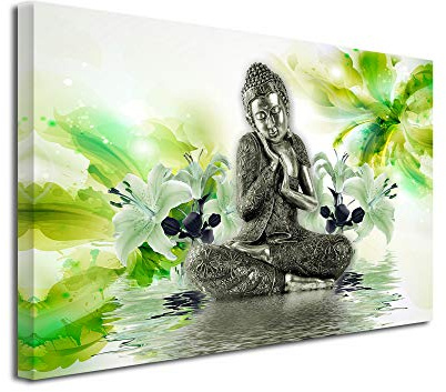 DECLINA Tableau Ambiance Zen Bouddha ET Fleurs - Impression sur Toile décoration Murale Zen - Déco Maison, Cuisine, Salon, Chambre Adulte - Vert 80x50 cm