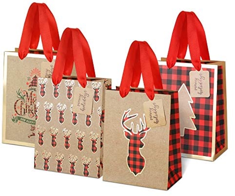 LIHAO 12 Stück Geschenktüten Weihnachten Kraft Papiertüten Weihnachtstüten Geschenktaschen Präsenttüten mit Griff Geschenkverpackung für Weihnachten Party
