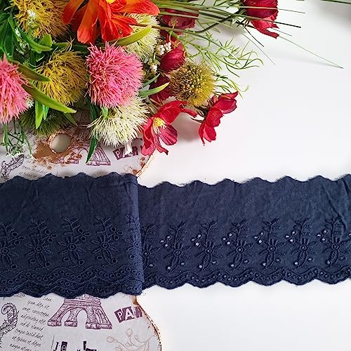 95mm Spitzenband aus 100% Baumwolle, Dunkelblau, OEKO-TEX, Vintage-Stil Broderie Spitze, Spitzenbordüre, Spitzenborte zum Nähen, Spitzenbesatz, Meterware