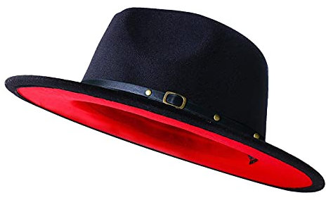 KUJUHA Fedora-Hut mit breiter Krempe für Damen und Herren, schwarz/rot, S/M
