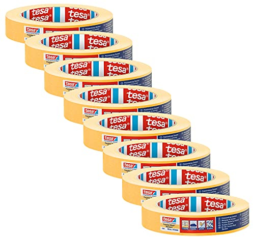 tesa Crêpe de précision 4344 Standard - Pack de 8 - Crêpe de peintre professionnel avec support papier fin - pour masquer et couvrir avec précision - orange - 50 m x 19 mm chaque