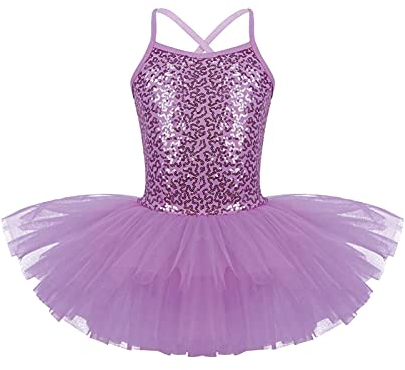iEFiEL Mädchen Kleid Ballettkleid Kinder Ballett Trikot Glitzer Ballettanzug mit Tütü Röckchen Pailletten Kleid Performance Tanzkleid Violett 116-122