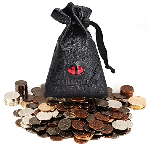 DND Metallmünzen, 60 Stück, mit Ledertasche, Spielsteine, Piratenschatz, Zubehör und Requisiten für Brettspiele, Dungeons und Drachen, Tisch-RPGs und LARP
