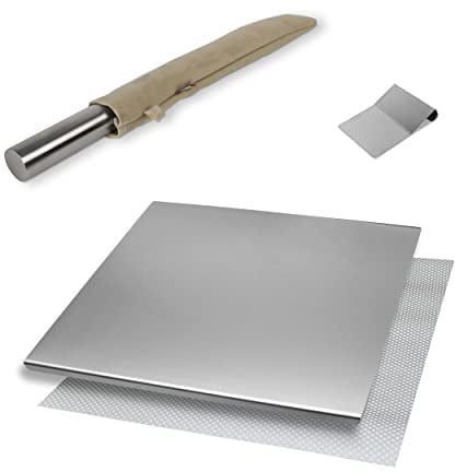 INOXLM BOX 3 PEZZI Tagliere/Spianatoia+tarocco/spatola+Mattarello custodia in tessuto|Piano di lavoro Acciaio Inox Varie Misure per Cucina Bar Ristorante|Piano Made in Italy (120x50, Custodia Beige)