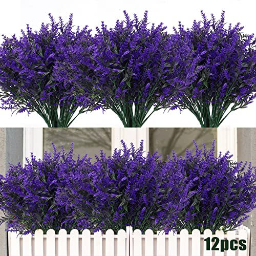 Artificial Plants Outdoor Artificial Lavender Flowers 12 Bundles Outdoor UV Resistant Fake Flowers No Fade Faux Plastic Plants Garden Porch Window Box Decorating,Spring Decorations for Home (Purple)
