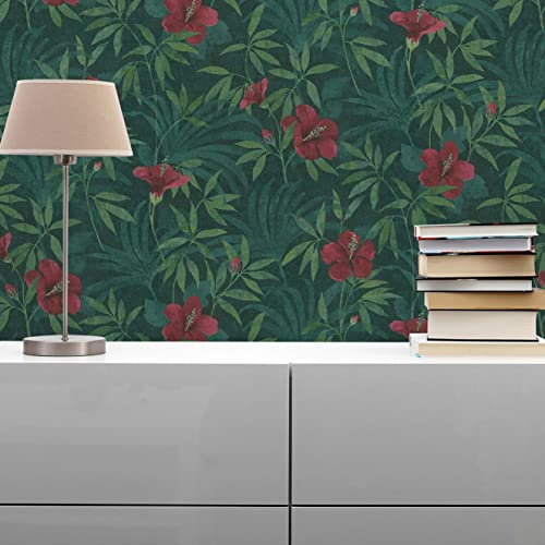 TADESSI Tapete Dschungel Enrico M1-No.690 Vliestapete Grün Rot Blumentapete Floral für Wohnzimmer Schlafzimmer Küche