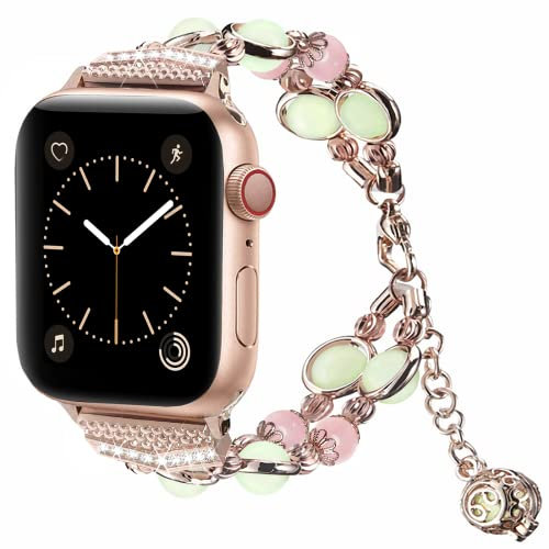 Vamyzji Kompatibel mit Apple Watch Armband 49mm 46mm 45mm 44mm 42mm(Series 3 2 1), für Apple Watch iWatch Ultra 2 1 Series 11 10 9 8 7 SE 6 5 4 3 2 1, Frauen Leuchtperlen Armband,Geschenke für Damen
