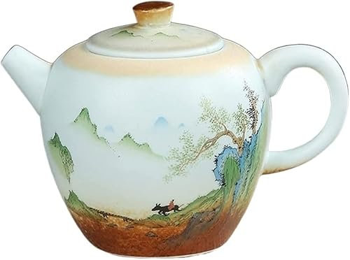 Teiera in ceramica stile cinese con paesaggio, teiera in porcellana retrò da 325 ml con manico in metallo, teiera vintage da 11 once per acqua, 11,3 x 14,8 cm