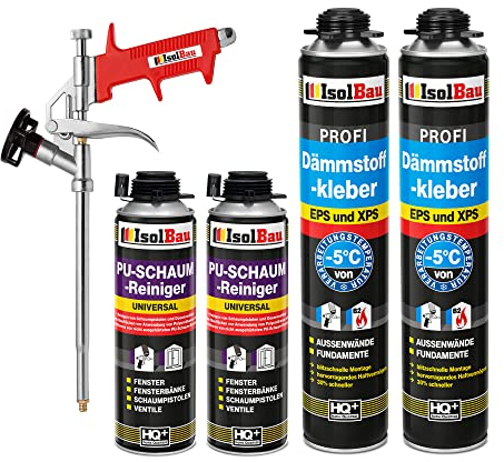 Isolbau Kit de colle isolante pour EPS & XPS - Avec 2 mousses adhésives WDVS (750 ml chacune), 2 nettoyants en mousse PU et 1 pistolet à mousse