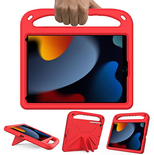 HDAKDDHG iPad 9th/8th/7th Generation Case for Kids, 10.2 Inch Tablet Cover with Pencil Holder, Handle Stand, Shockproof Protective, Red