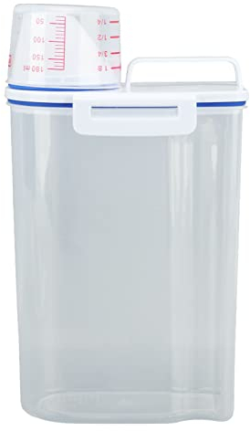 Rice Luftdichter Vorratsbehälter, Müsli Trockenfutter Mehlbehälter, Haustier Hunde Katzen Futterspender mit Messbecher, Organisationsbehälter für Küche und Speisekammer (2 kg Weiß)