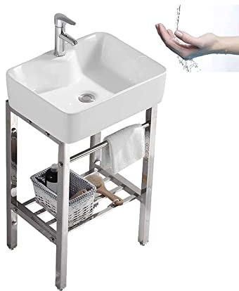 Fregadero utilitario de granja con estante de acero inoxidable – Lavabo de cerámica independiente para cocina y lavandería para baño, guardarropa, garaje y restaurante