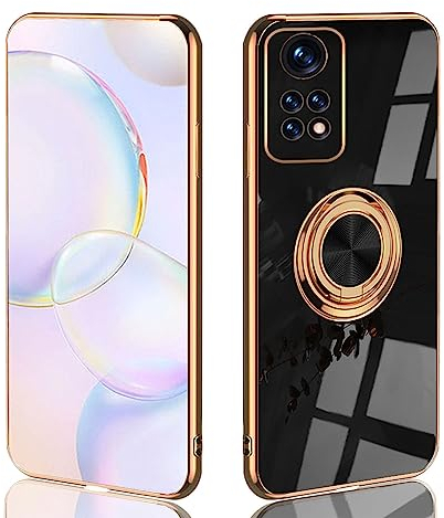 UPLAI Stilvoll Hülle für Xiaomi Redmi Note 12 Pro 4G, Slim Stoßfest Galvanik-Design Handyhülle Case mit Ringhalter, Sanft TPU Silikon Bumper Schutzhülle Cover.Schwarz