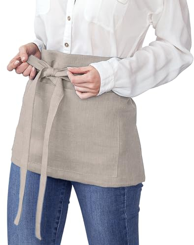 COZY LINEN Schürze aus Naturleinen mit Taschen | Halbschürze für Männer und Frauen, Verstellbare Bänder