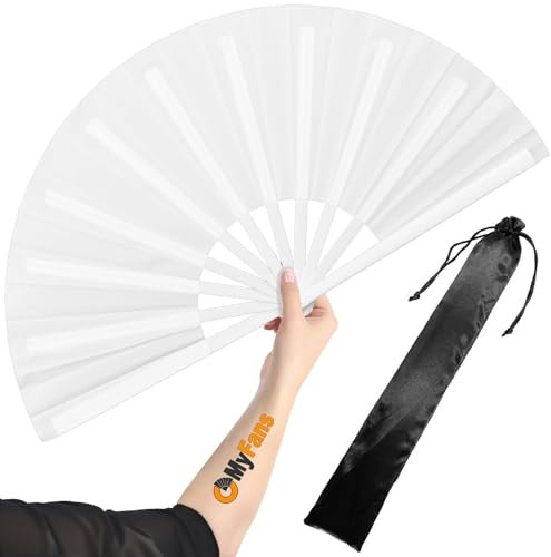 OMyFans Large Rave Folding Hand Fan - Foldable Chinese Tai Chi Kung Fu fan - Ideal for Festivals, EDM, Dancing, Hot Flashes, Church and Gifts (White)