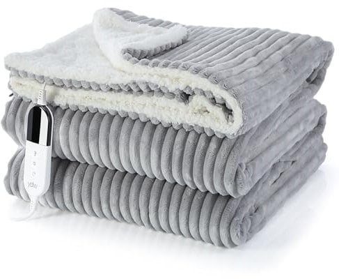 YDW Electric Heated Throw Blanket - Stripe Flannel Electric Overblanket for Sofa Bed Office Use, 6 Heat Levels&10 Time Settings, Machine Washable, Grey, Single(130x160cm)