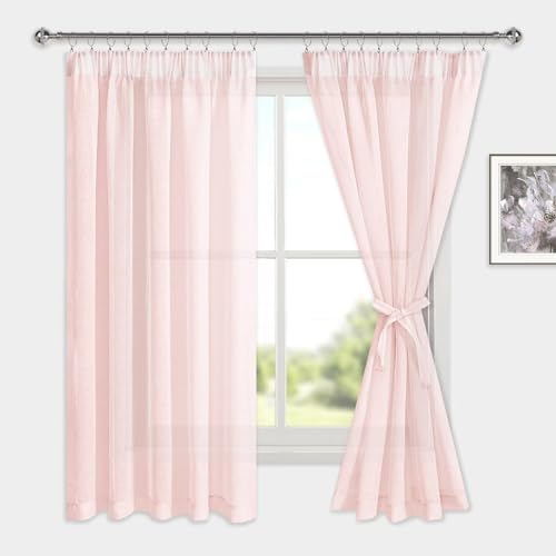 DWCN Voile Vorhänge mit Kräuselband Leinenoptik 2 Stücke Halbtransparent Vorhänge für Wohnzimmer,Durchsichtige Gardinen Kurz,Blush Rosa,160x140cm (Höhe x Breite)
