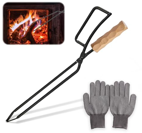 Aoreun Kaminzange, 40 x 11cm Universal lange Brennholzzange Schwerlast Kaminholzzange Feuerholzzange Fireplace Tongs Kaminzange Feuerholzzange mit Paar Handschuhe für Lagerfeuer und Kaminöfen