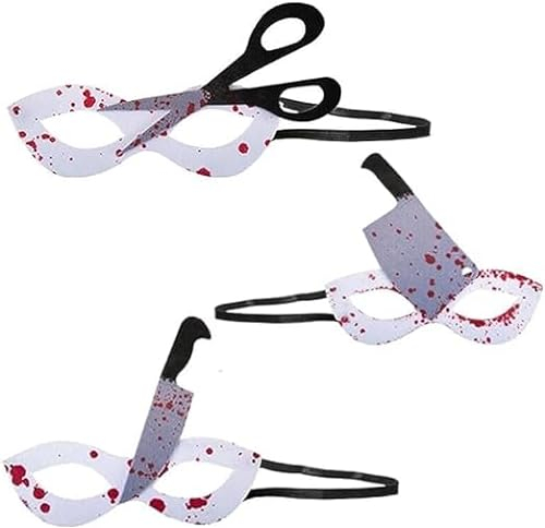HOVUK Confezione da 3 maschere insanguinate in feltro assortite con fascia elastica per la testa, mannaia, coltello e forbici, per cosplay spettrali e divertimento di Halloween