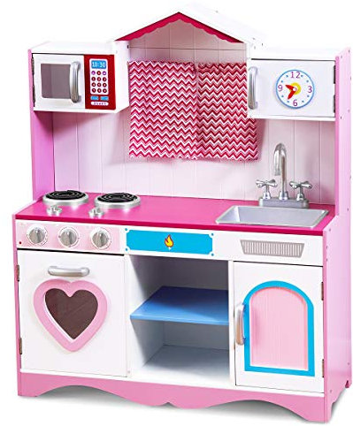 COSTWAY Cocina de Juguete de Madera con Fregadero y Grifo, Cocinita Infantil con Horno de Microondas, Estufas de Cocina, Sonido Realista, Juego de Cocina de Madera para Niños y Niñas Pequeños