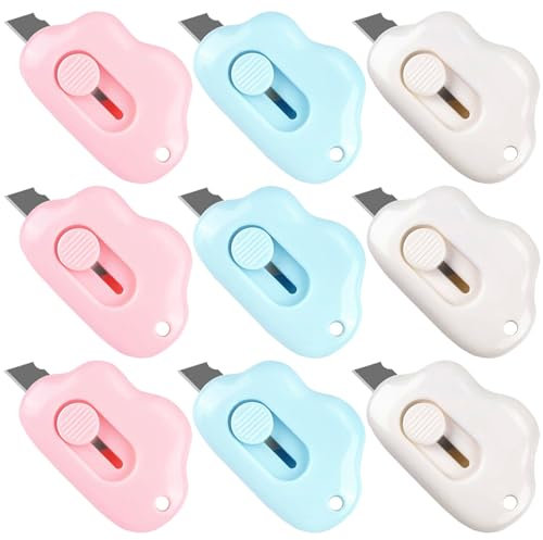 Box Cutters Retractable, 9 Pack Retractable Letter Opener, Adorable Cloud Tiny Letter Opener Envelope Slitter for Key Chain Pocket Bag Package Envelope Mail Letter Box Paper Office Supplies