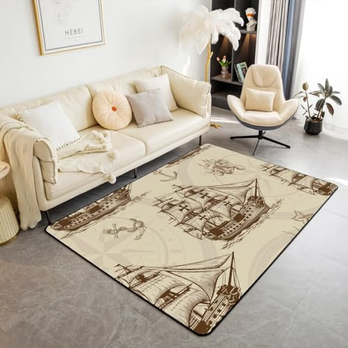 Retro Segelboot Bereich Teppich für Kinder Mann,Ozean Weltkarte Skizze Teppich 100Bx150L,Schiff Anker Bodenmatte für Den Innenbereich,Küste Kreatur Dekor Akzent Teppich für Wäsche Tür Veranda