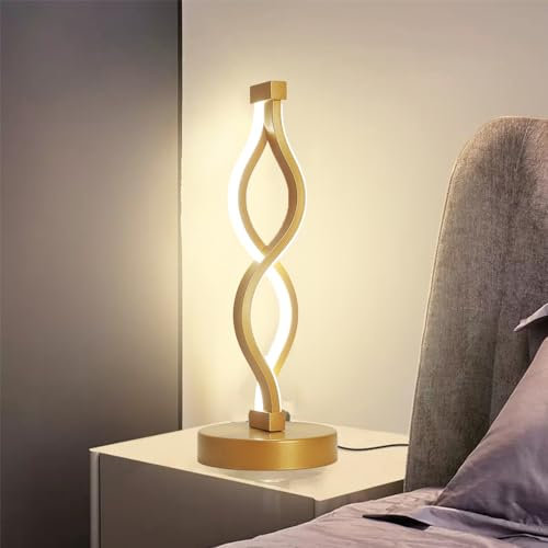 LED Spiral Tischlampe, Tischleuchte Metall Gebogene Nachttischlampe Acryl Kleine Nachtlicht Geschwungenes Kreativ Warmweiß Kaltweiß Mit Schalter 6W Für Wohnzimmer, Schwarz, Büro Deko (Golden)