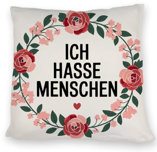 speecheese Ich Hasse Menschen Blumensprache Kissen Elegantes Design mit weißem Hintergrund und rotem Pastellton warmes Statement-Kissen zum Wohlfühlen