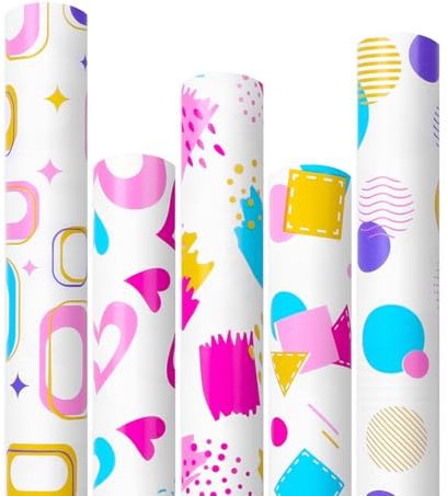 ZALAON Bunte Geschenkpapier 43cmx3m,Geometrie Geschenkpapier Rolle,Geschenkpapier Geburtstag Kinder 5 Rollen Geschenkpapierrollen Junge